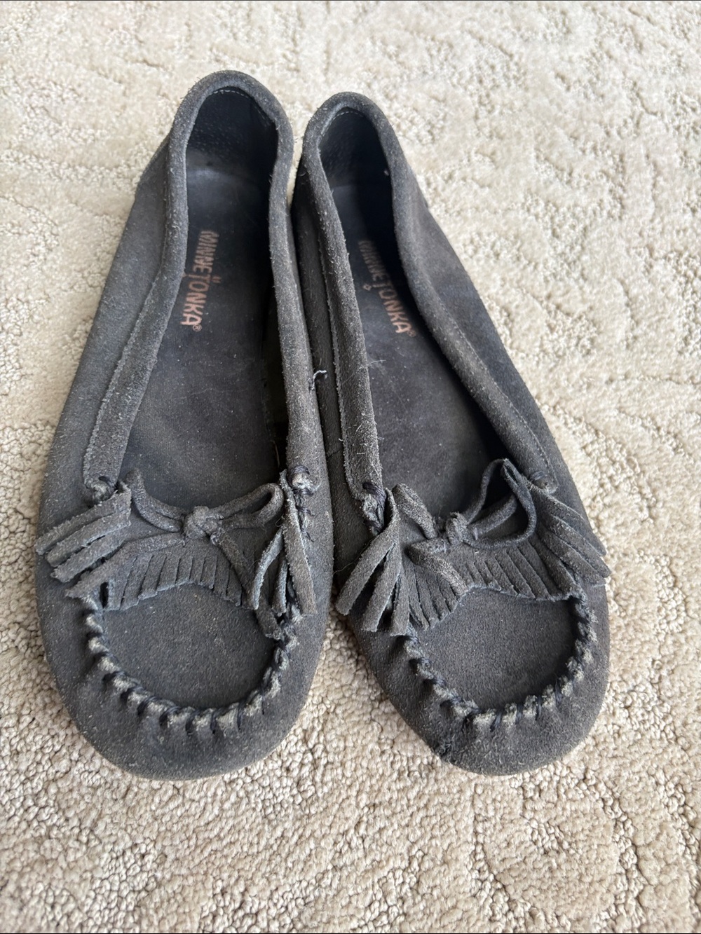 Minnetonka Black Suede Fringe Bow Moccasins